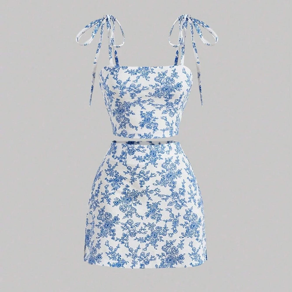 Women's Set Spring Summer Korean Fitting Slim Floral Sleeveless Square Neck Mini Wrap Dating Dresses For Ladies