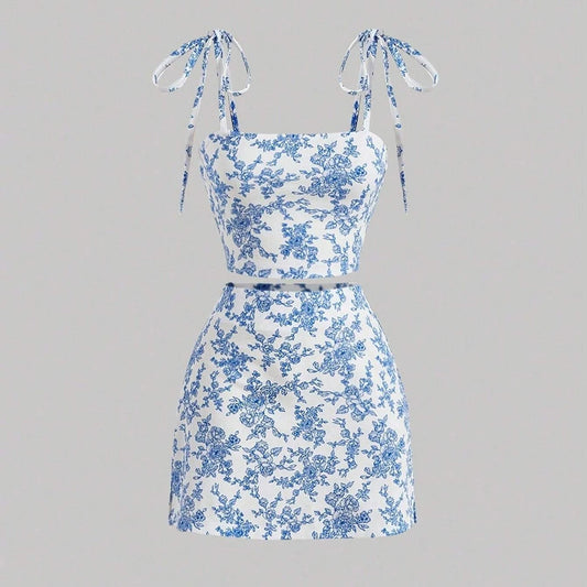 Women's Set Spring Summer Korean Fitting Slim Floral Sleeveless Square Neck Mini Wrap Dating Dresses For Ladies