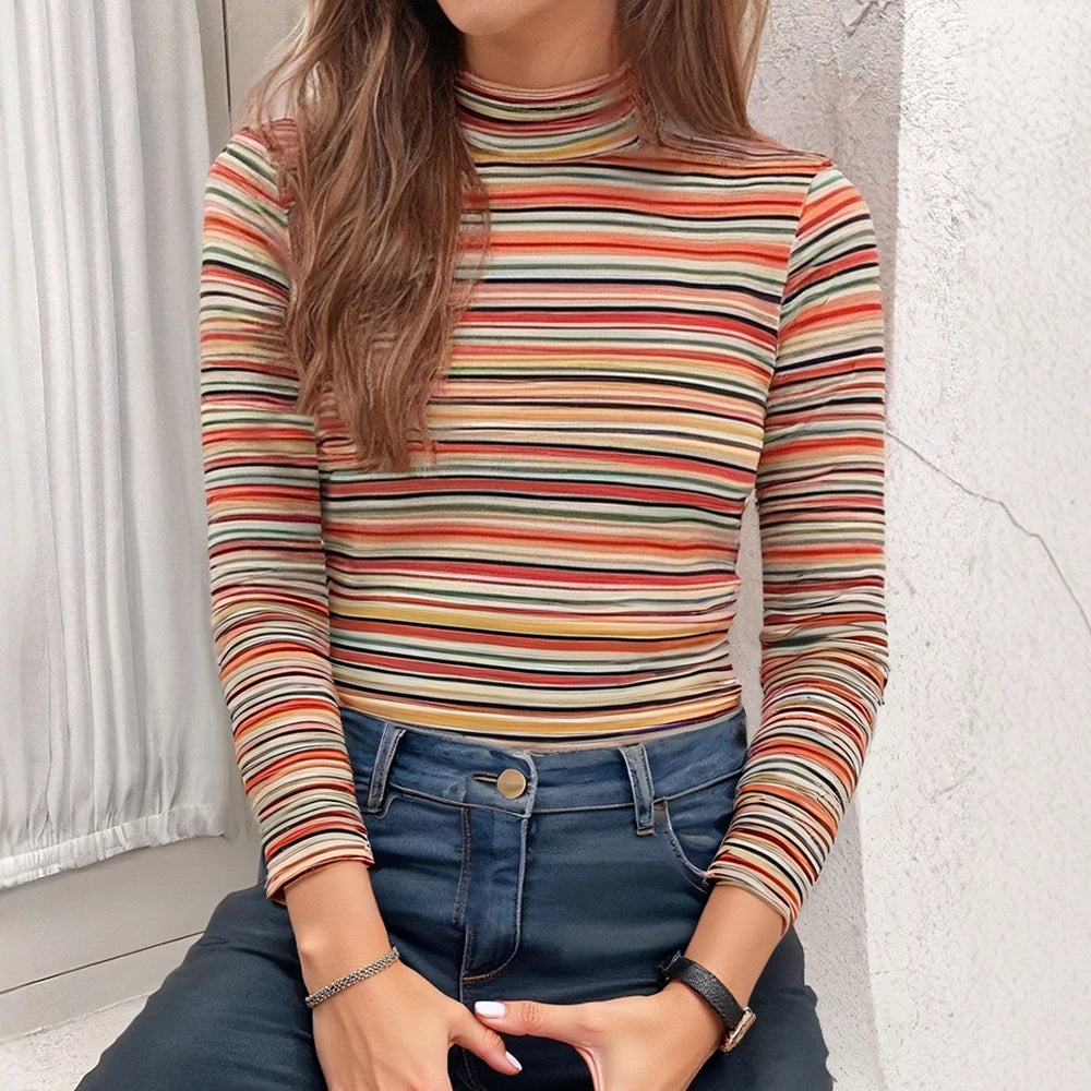 Women's T-Shirts Autumn Fitting Slim Stripe Long Sleeve High-Neck Regular Casual T-Shirts