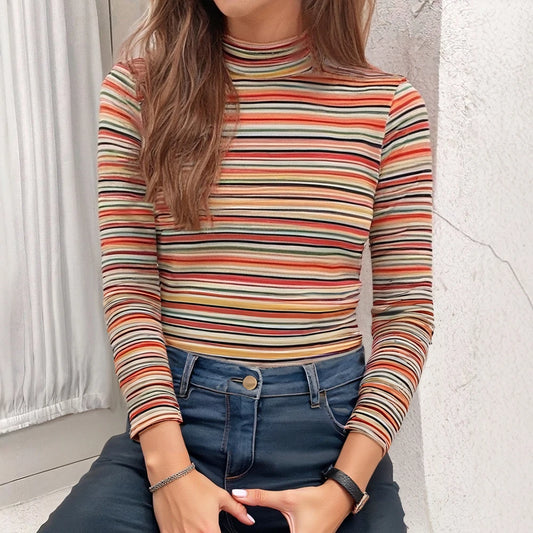 Women's T-Shirts Autumn Fitting Slim Stripe Long Sleeve High-Neck Regular Casual T-Shirts