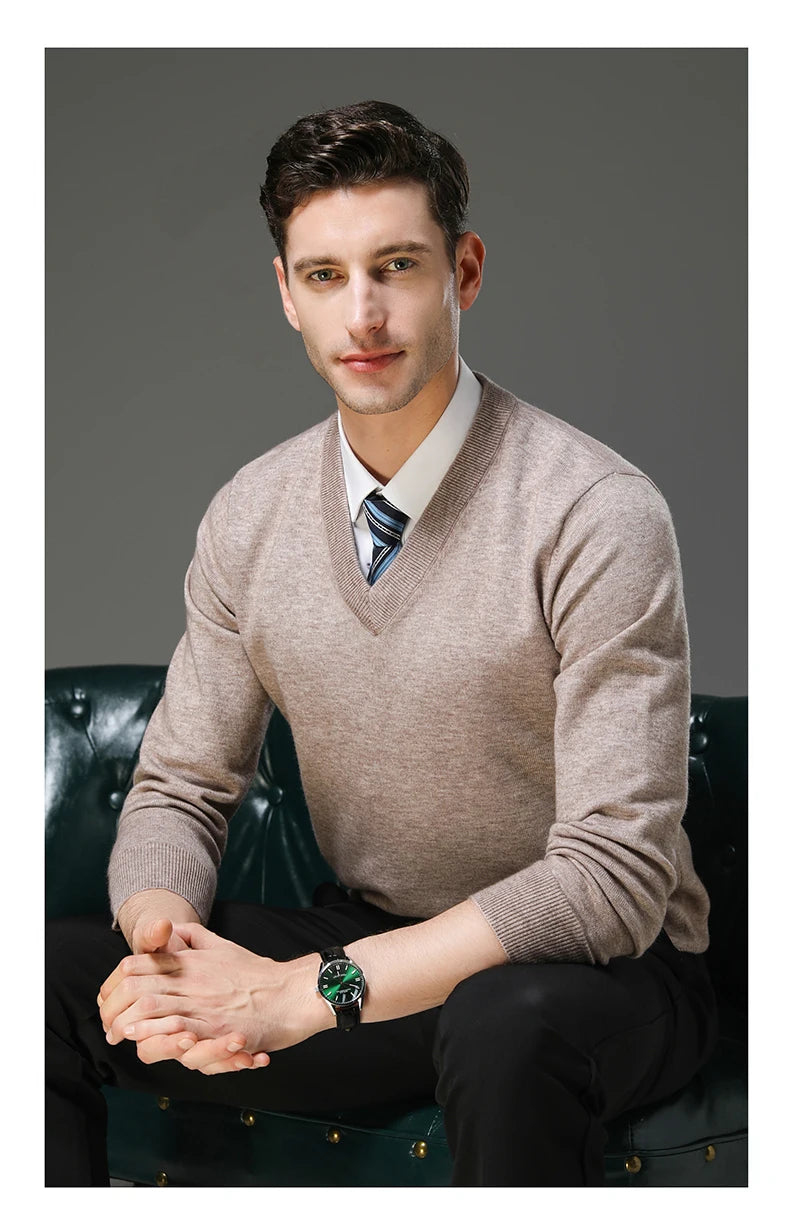 Men's Warm V-Neck Solid Colour Sweater, Autumn & Winter Stretch Top, Daily Leisure Pullover Knitwear, Male Business Casual
