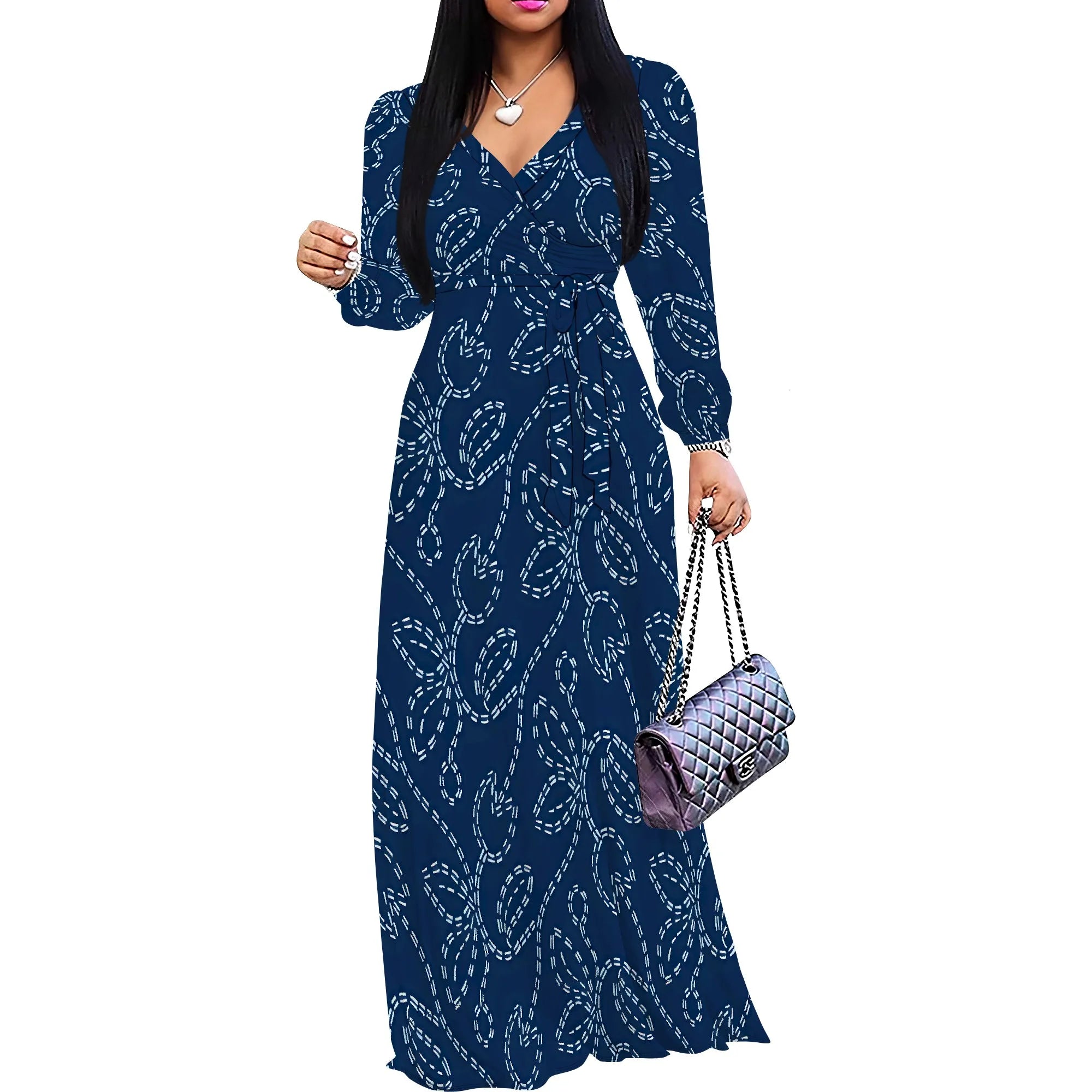 Elegant V-Neck Long Sleeve Geometric Print Maxi Dress for Women Autumn Vacation Style