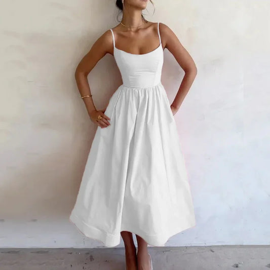 U-neck Summer Women's Dress Vintage Elegant Sleeveless Camisole Slim Pleated Sundress Loose Host A Performance Party Long Dress