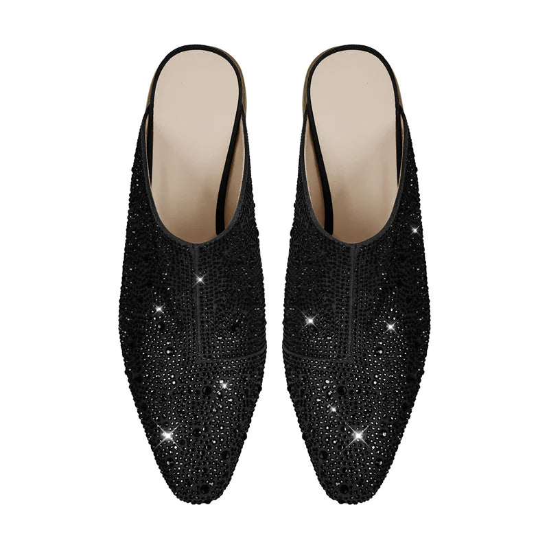 Women Pointed Toe Rhinestone Mules Glitter Bling Shiny Pretty Sparkly Gorgeous Chunky Heel Slip On Summer Slipper