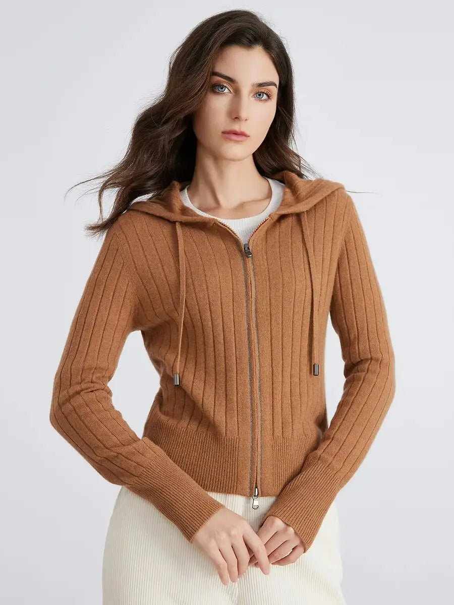Women's High-Quality Winter Luxury Brand Long-Sleeved Hooded Cardigan & Knitted Sweater With 94% Cashmere For Ladies