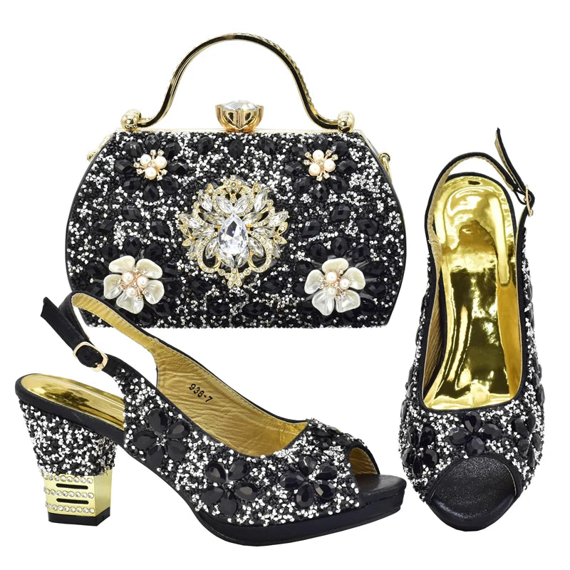 Italian Women Wedding Shoes and Bag Set Decorated with Rhinestone Africa Shoe and Bag Set Plus Size Heels 43 Wedding Shoes Bride
