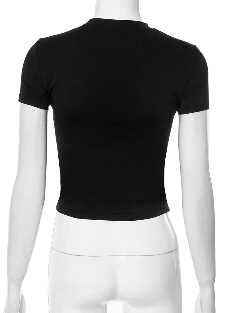 Letter Print Fashion Crop Tops Women Summer Trend o-Neck Mini Sleeve Daily Casual Simple Classic Streetwear T-Shirts