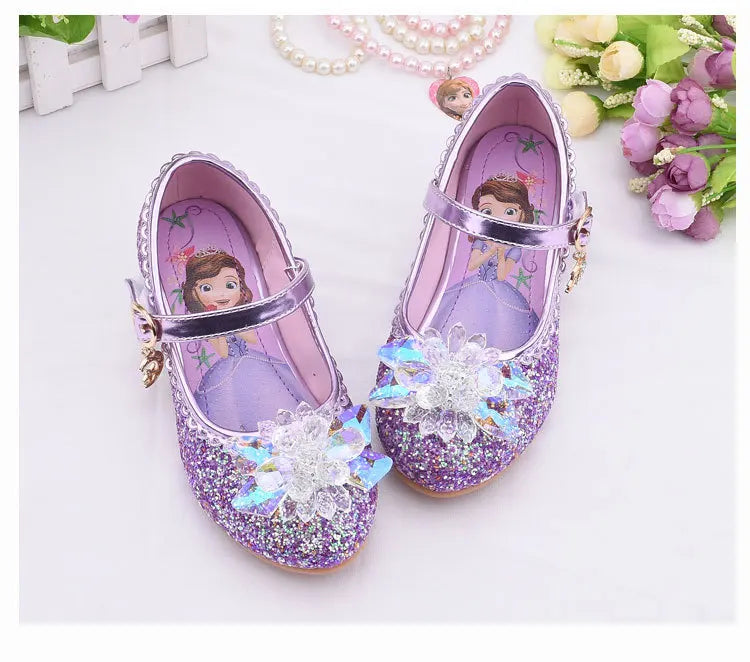 Frozen Elsa Princess Meisjes Leren Kristallen Schoenen Glitter Casual Hoge Hakken Meisjes Sandalen Roze Blauw Zilver Elsa Schoenen