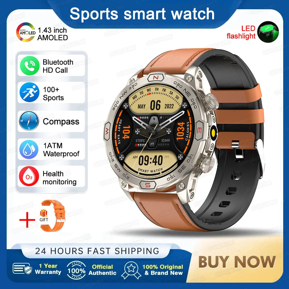 Outdoor Military Smart Watch Men Compass GPS Track Bluetooth Call IP68 Waterproof AMOLED Screen Smartwatch Compatible with Android IOS