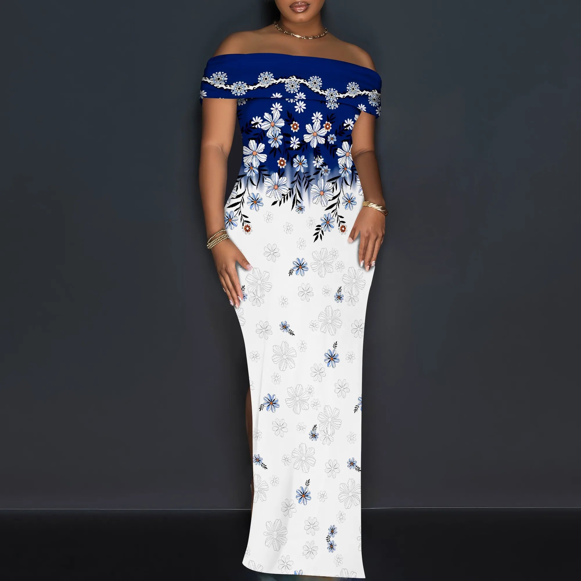 Elegant Off Shoulder Maxi Dress Ink Floral Print Bodycon Split Hem Summer Evening Look