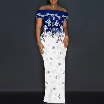 Elegant Off Shoulder Maxi Dress Ink Floral Print Bodycon Split Hem Summer Evening Look