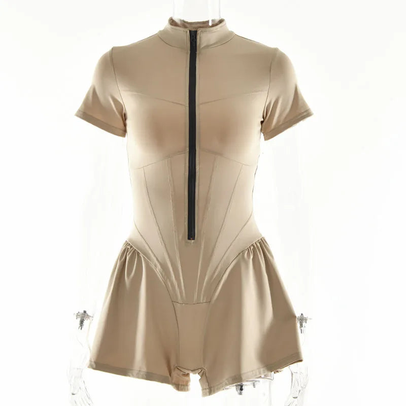 2025 Nieuwe dames jumpsuit effen kleur rits O-hals korte mouwen sport bodysuits dames zomer sexy slanke eendelige playsuits