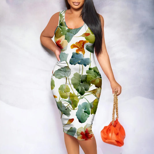 Botanical Floral Print Sleeveless Bodycon Midi Dress Summer Slim Fit Tank Dress Casual Vacation Style for Women