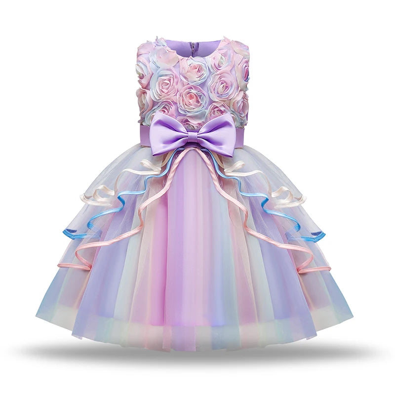 Fashion Girl's Dress Summer Rose Princess Dress Patchwork Mesh Performance Costume Children's Birthday Gown 3-8Y Girls