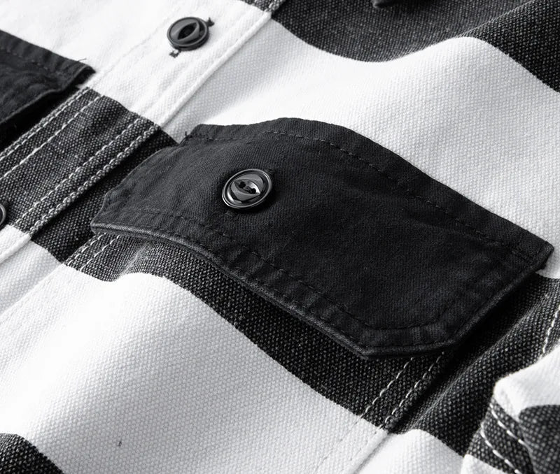 Herfst Nieuwe Amerikaanse Retro 16oz Zwaargewicht Gevangenis Gestreepte Jas Herenmode Puur Katoen Gewassen Dikke Canvas Motorjas