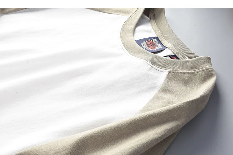 Autumn New American Retro Long Sleeve O-neck Contrast Splicing T-shirt Men's Fashion 100% Cotton Washed Old Casual Sport Tops