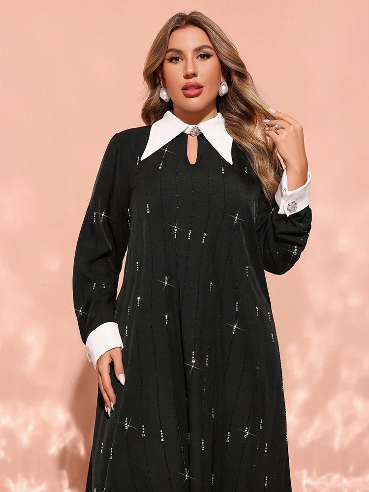Women's New Plus Size Luxury Elegant Contrast Colour Turndown Collar Long Sleeve Maxi Loose Formal Arabian Party Dress