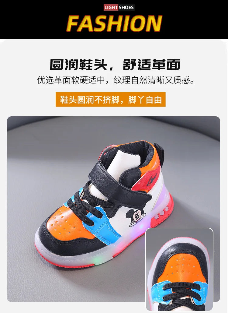 Disney Girls' Casual Sneakers PU Leather Mickey Mouse LED Light-Up Children's Sneakers - 1-6 Years Old Sports Casual Footwears