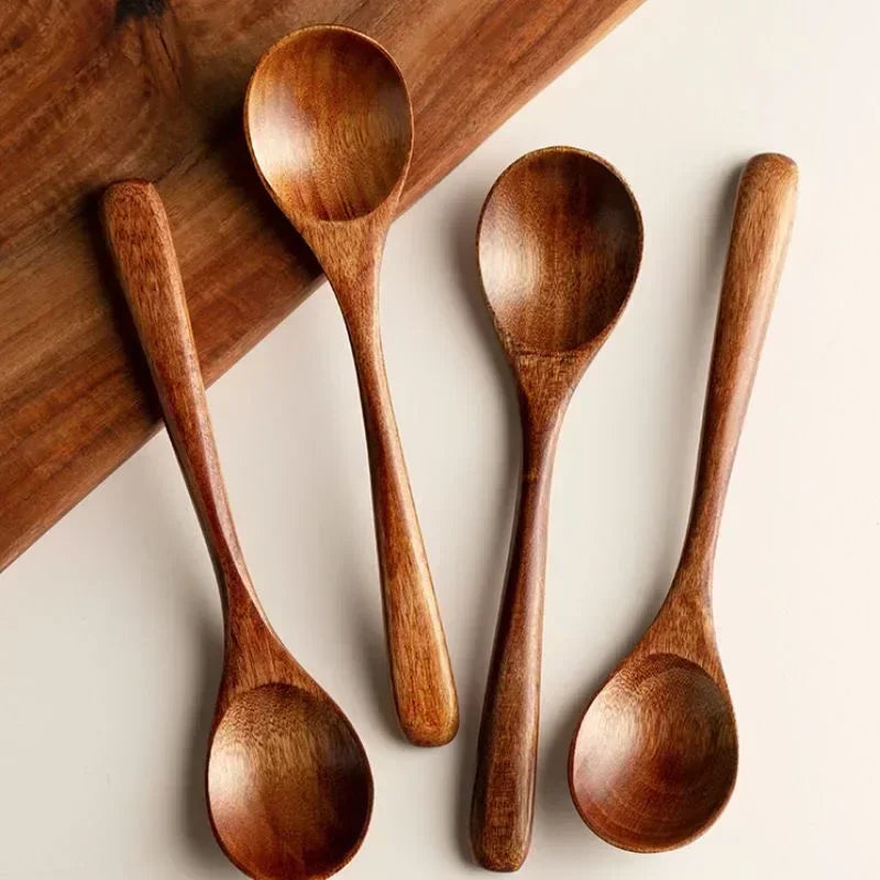 1/10Pcs Wood Soup Spoons Long Handle Coffee Milk Teaspoon Sugar Spice Condiment Scoops Kitchen Tableware Tools Wooden Spoon