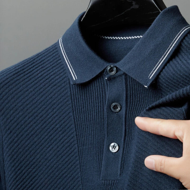 Men's Solid Colour Business Casual Polo Shirt, Suitable For Daily Commute, Pullover Sweater, Warm Knitted Long-Sleeved Cardigan