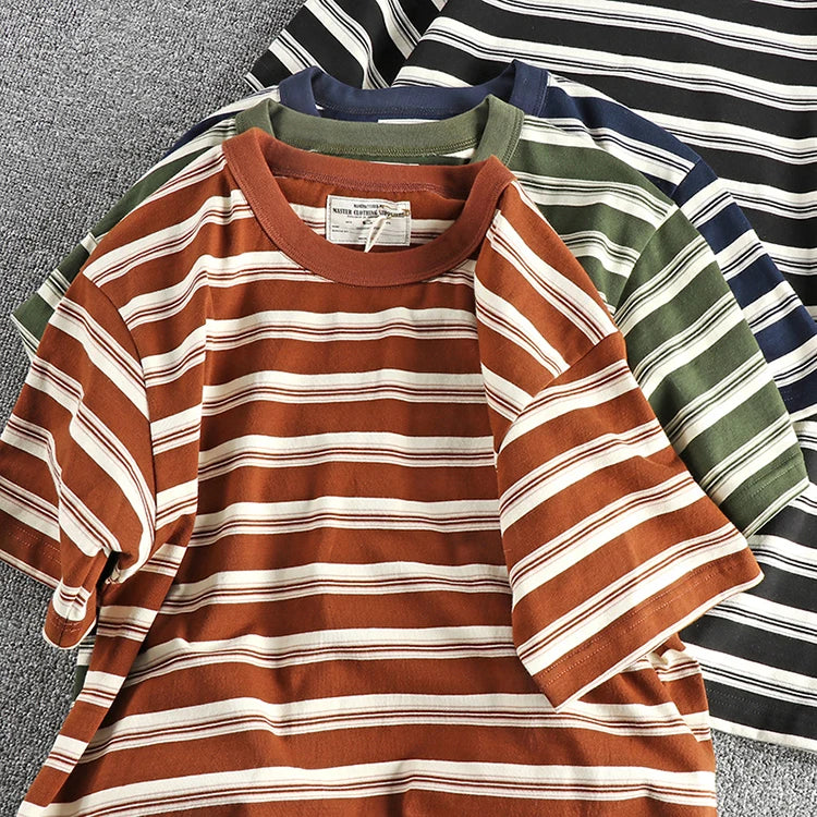 2024 Summer New American Retro 240g Short Sleeve O-neck Striped T-shirt Men's Simple 100% Cotton Washed Heavyweight Casual Tops