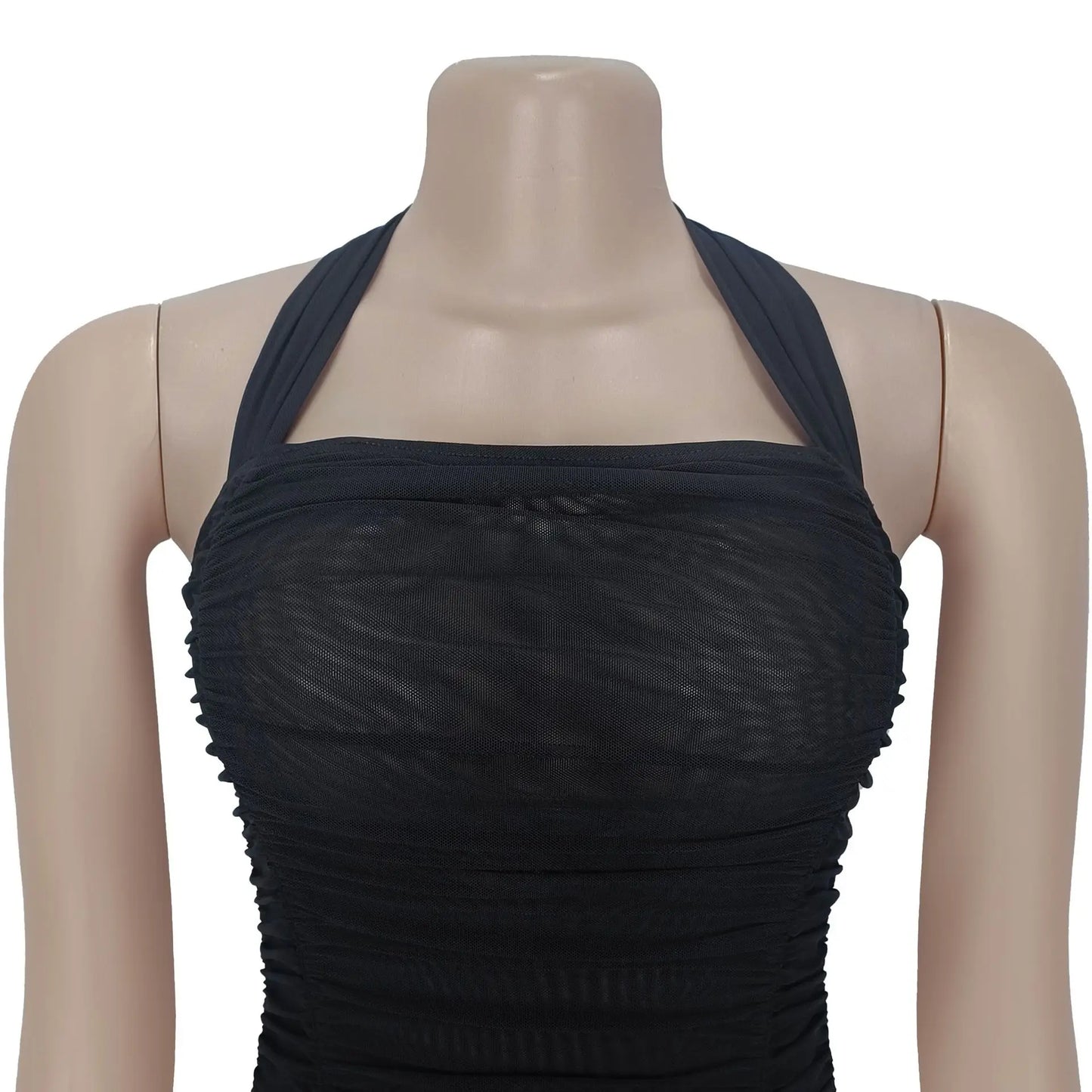 Women's Sexy Summer See Through Sheer Mesh Slit Solid Color Halter Dress Ruched Mermaid Pleated Mermaid Party Dress
