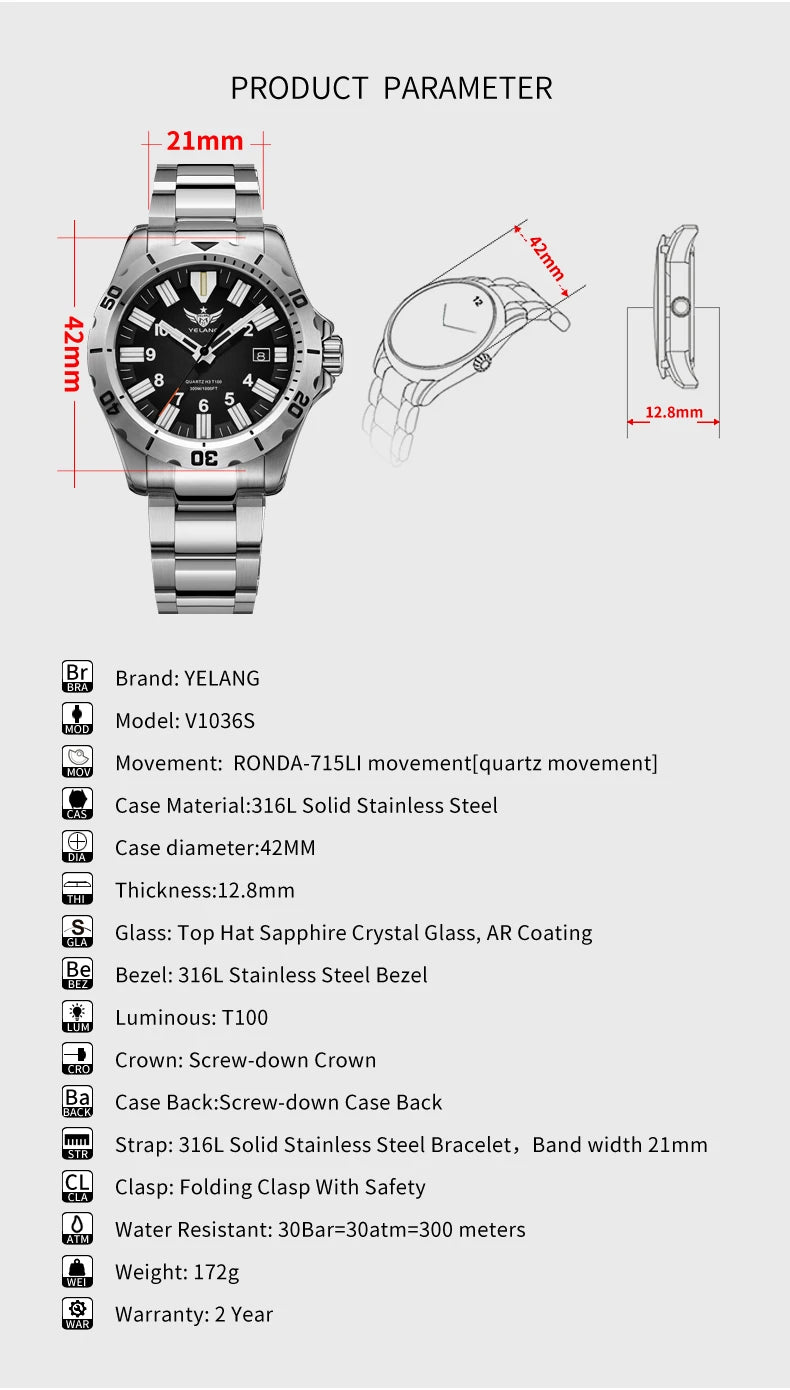 YELANG V1036 42mm Men's Quartz Watch Luminous Display Japan Movement 30ATM Waterproof Stainless Steel Band with Luminous Hands
