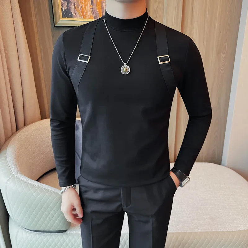 Men's Strap Long-Sleeved T-shirt For Autumn and Winter, Slim Fit Half Turtleneck Bottoming Shirt, Fashion City Knitwear