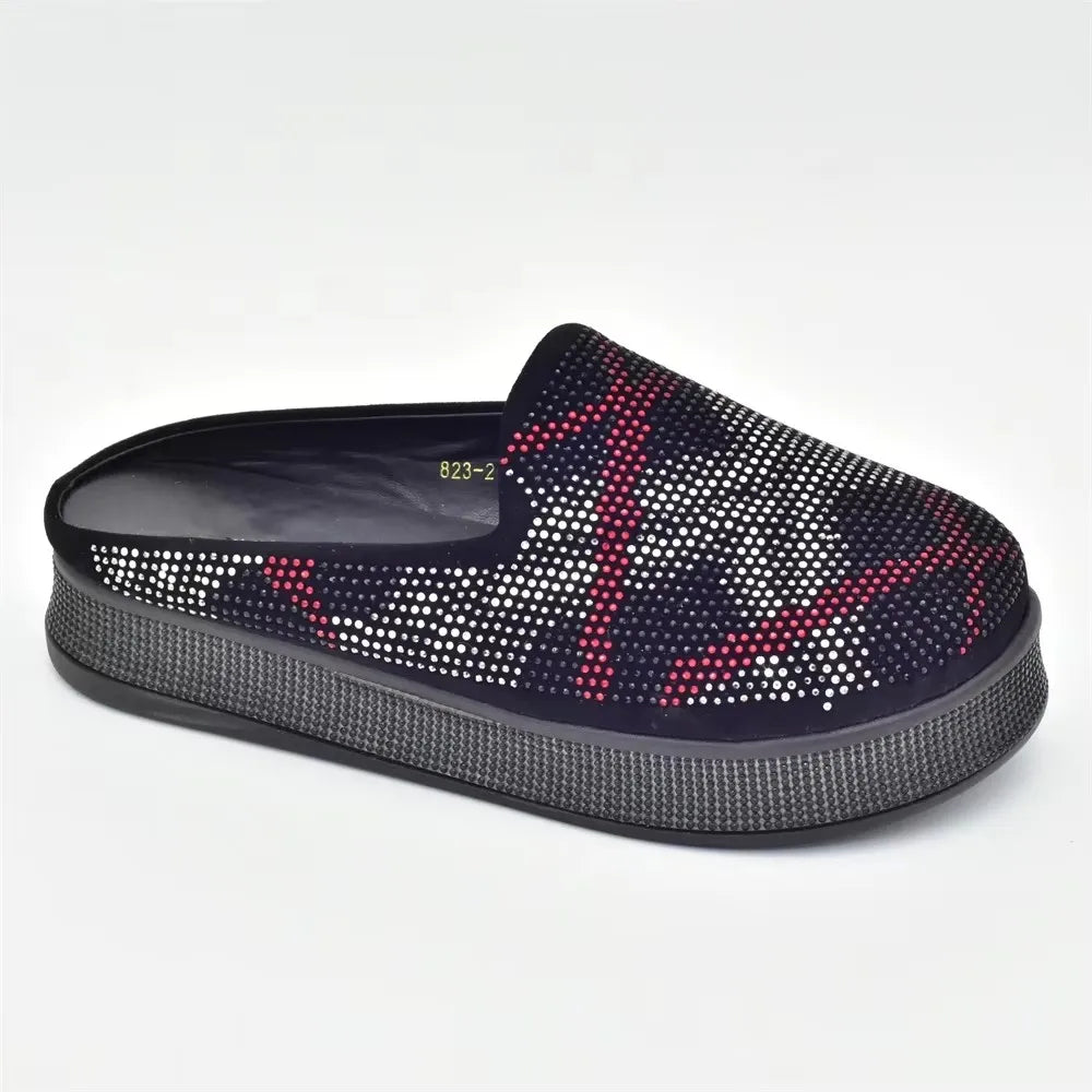 Bling Crystal Women Closed Toe Mules Half Close Slippers Thick Sole Light Weight Comfy Walking Shoes