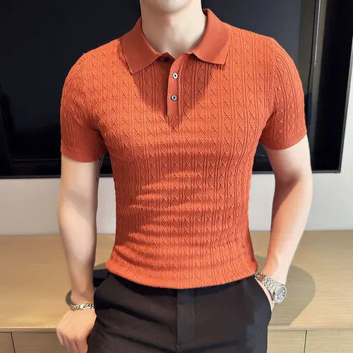 Men's Slim-Fit Jacquard Knitted Short-Sleeved Polo Shirt for Male Fashion Lapel Golf Shirt