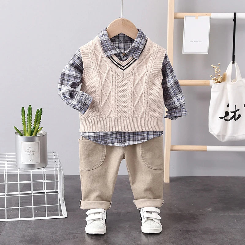 3-delige lente kinderkledingset, schattig dun vest + blouse + broek, meisjes, kleurblok, raster, bovenkleding, 1-3 jaar, unisex