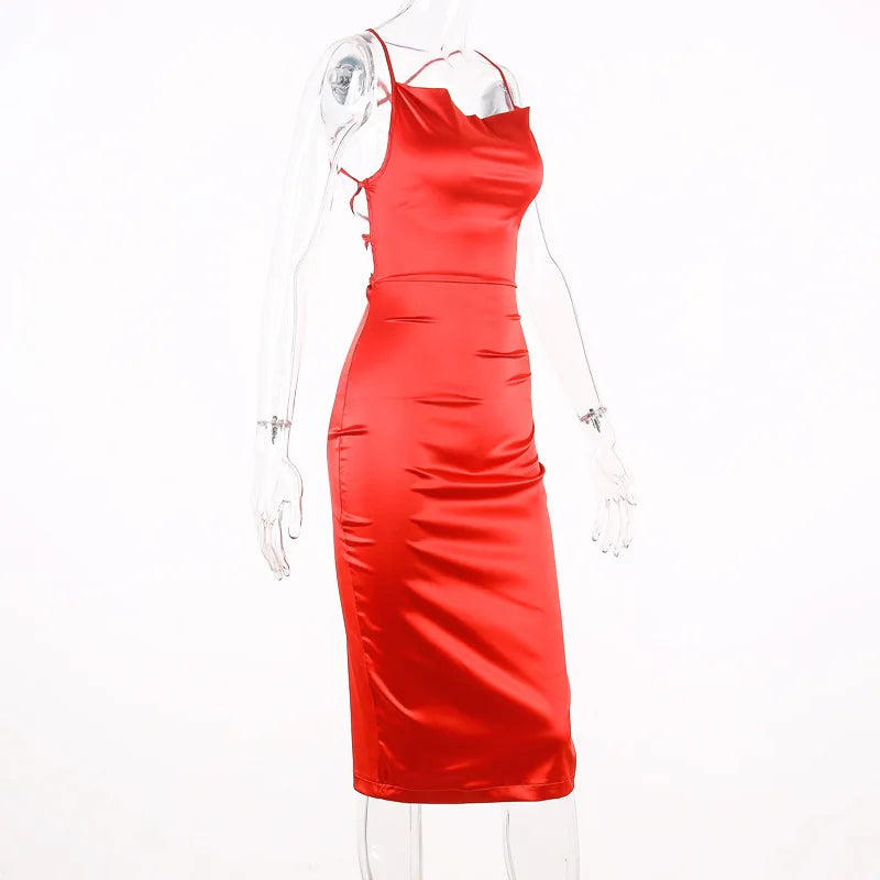 Neon Satin Lace Up Women's Long Midi Dress Light Pink Bodycon Backless Elegant Party Sexy Club Clothes Summer Dinner Outfit