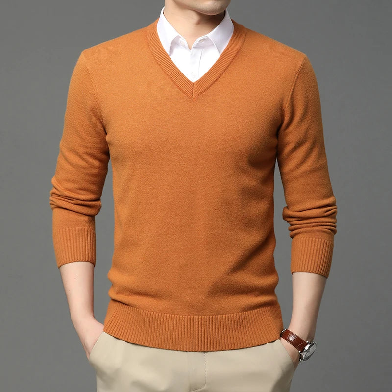 Men's High Quality Fashion Brand, Woollen Knit Pullover V-Neck Sweater, Autumn and Winter Casual Male Jumper