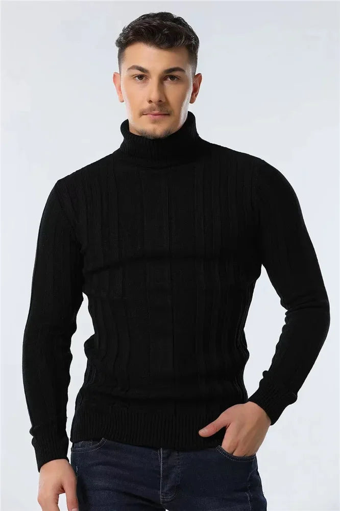 Men's Slim Fit Pullovers Turtleneck Casual Basic Solid Colour Warm Striped Sweater Male Winter Fashion Sweaters