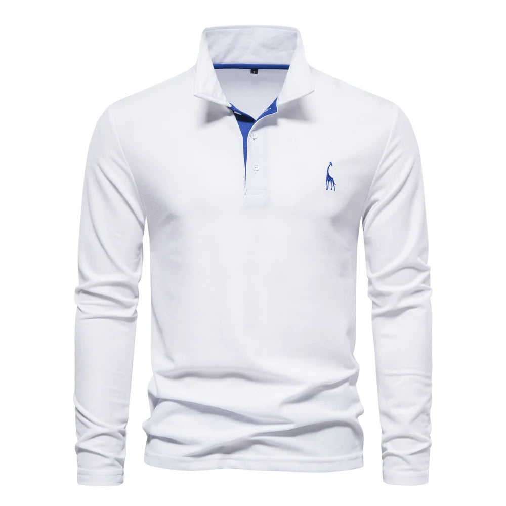 New Men's Deer Embroidery Polo Shirts Solid Colour Long Sleeve Social Business Male
