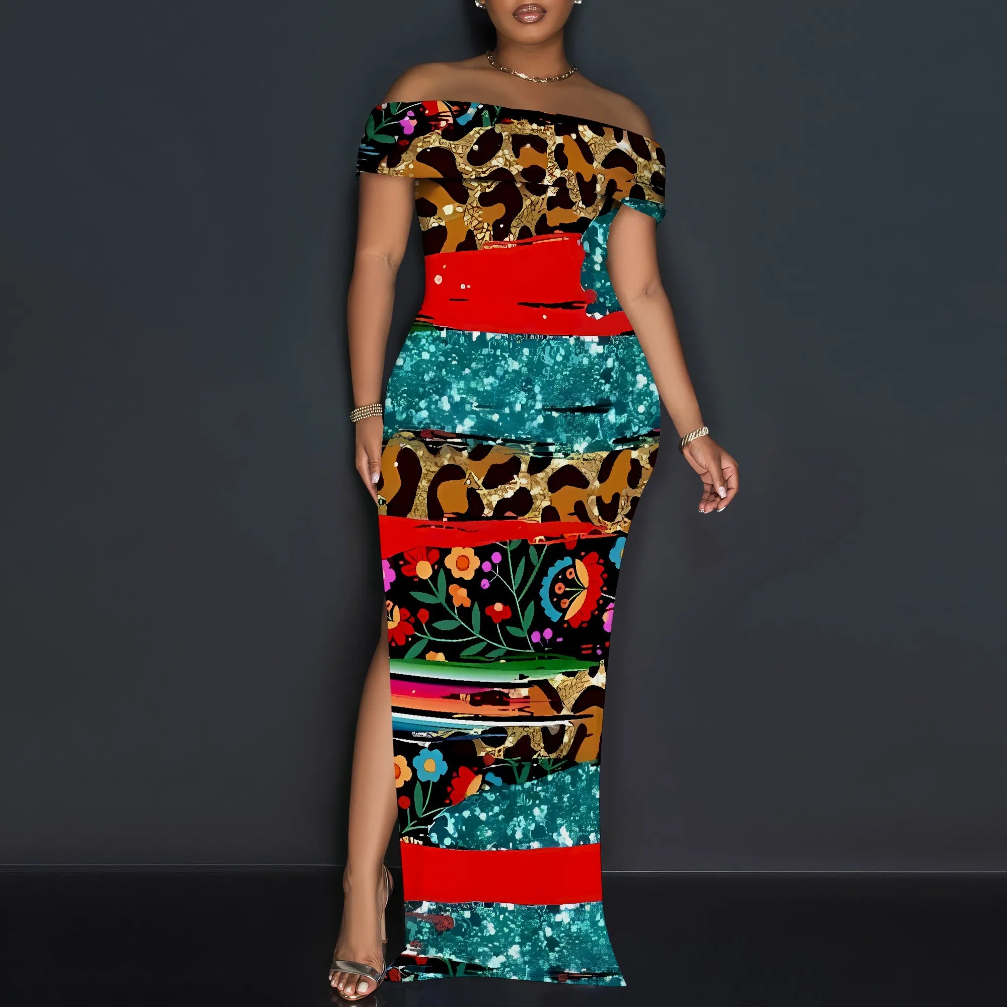 Tribal Patchwork Off Shoulder Maxi Dress Women Boho Style Slim Fit Slit Long Dress Party Clubwear