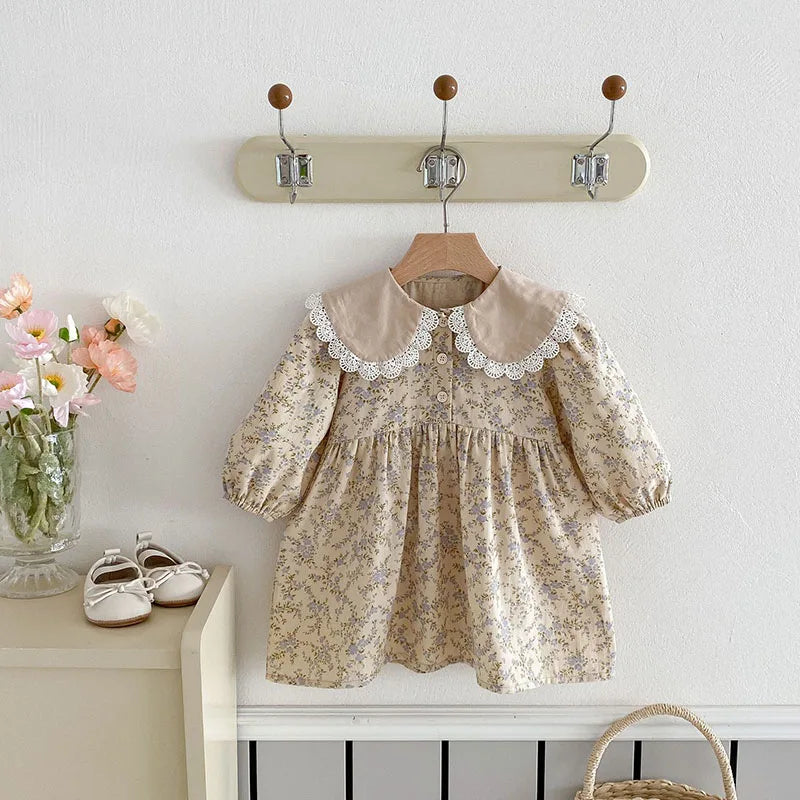 New Spring Girls Floral Dress Kids Cute Lace Doll Collar Princess Dress Children Sweet Flower Clothes For Kids 1-3Y Girls