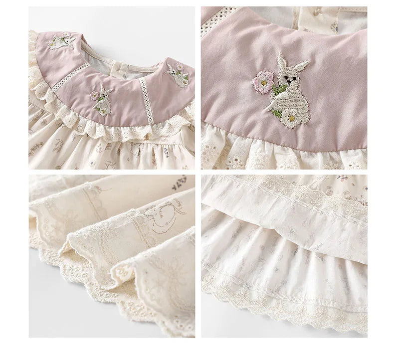 New Autumn Girls Flower Dress Cartoon Bunny Lace Kids Princess Dress Loose Korean Version Children Clothes 9M-5T Girls