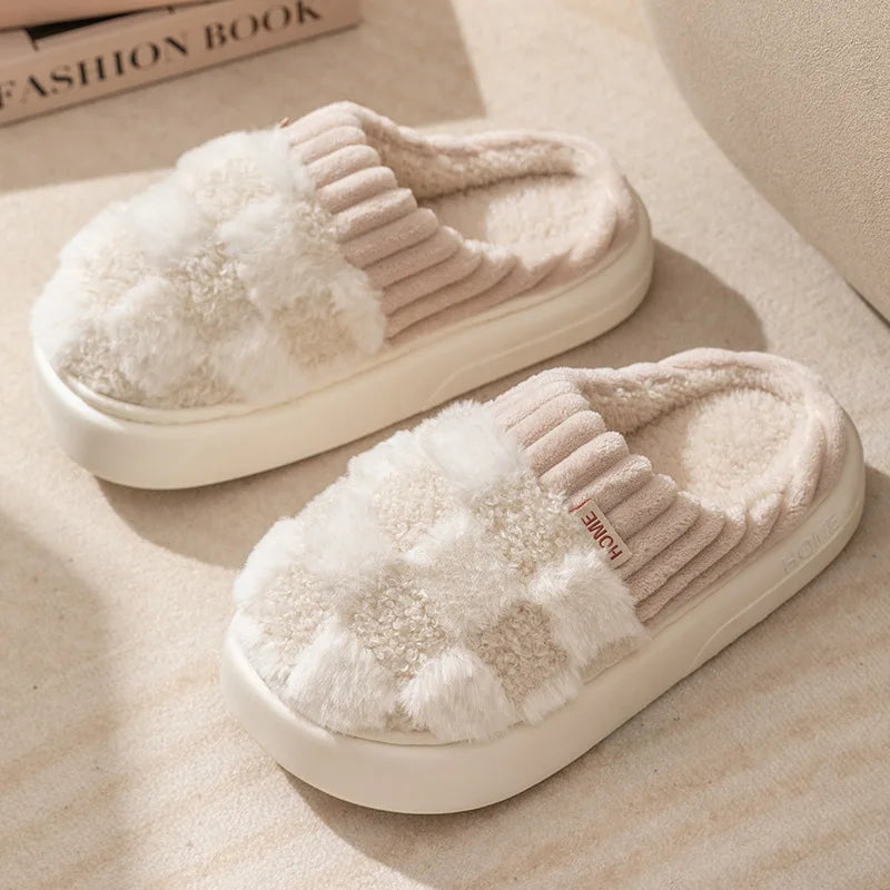 Women's Winter Warm Fur Fuzzy Slippers For Ladies With Pineapple Lattice Soft and Non-Slip Sole Plush Fluffy Cotton Ladies' Shoes