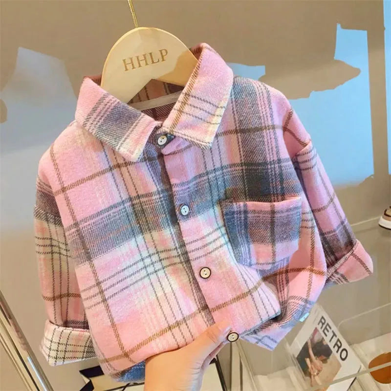 Autumn Kid's Shirts Boys Vintage Plaid Shirt Girls Casual Turn Down Collar Blouse Children's Base Tops 2-7Y Unisex
