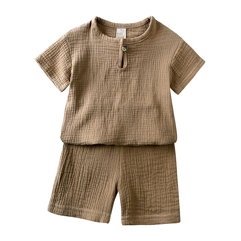 2025 Zomer 100% Katoen Baby Jongen Meisje 2-delige Set Effen Korte Mouw Shirt Casual Peuterpak 1-7T Unisex