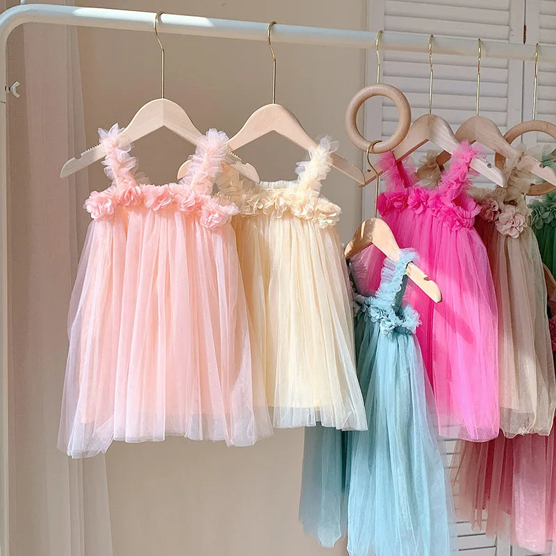 Summer Kids Sweet Mesh Dress Girls 6 Colours Suspended Floral Beach Skirt Children Tutu Princess Dress 1-6Y Girls