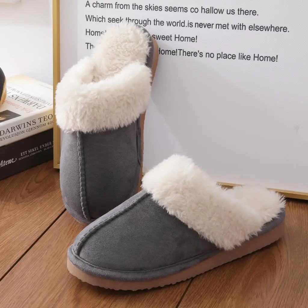 Unisex Winter Fur Slippers Home Suede Mules Short Plush Slippers For Indoor Warm Cosy Fuzzy Flats Slides For Men & Women