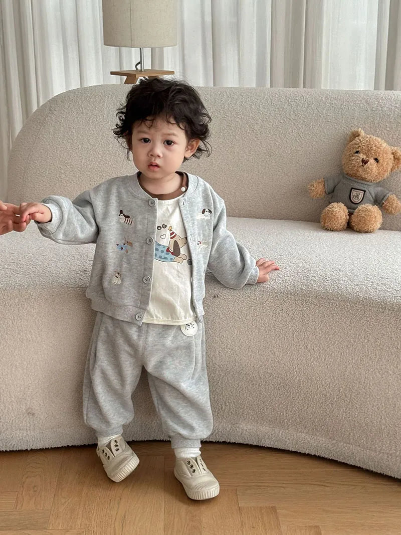 New Autumn Boys Girls Dog Baseball Uniform Cartoon Embroidered Pattern Kids Coat Fashion Children Clothes Pants 9M-5T Unisex