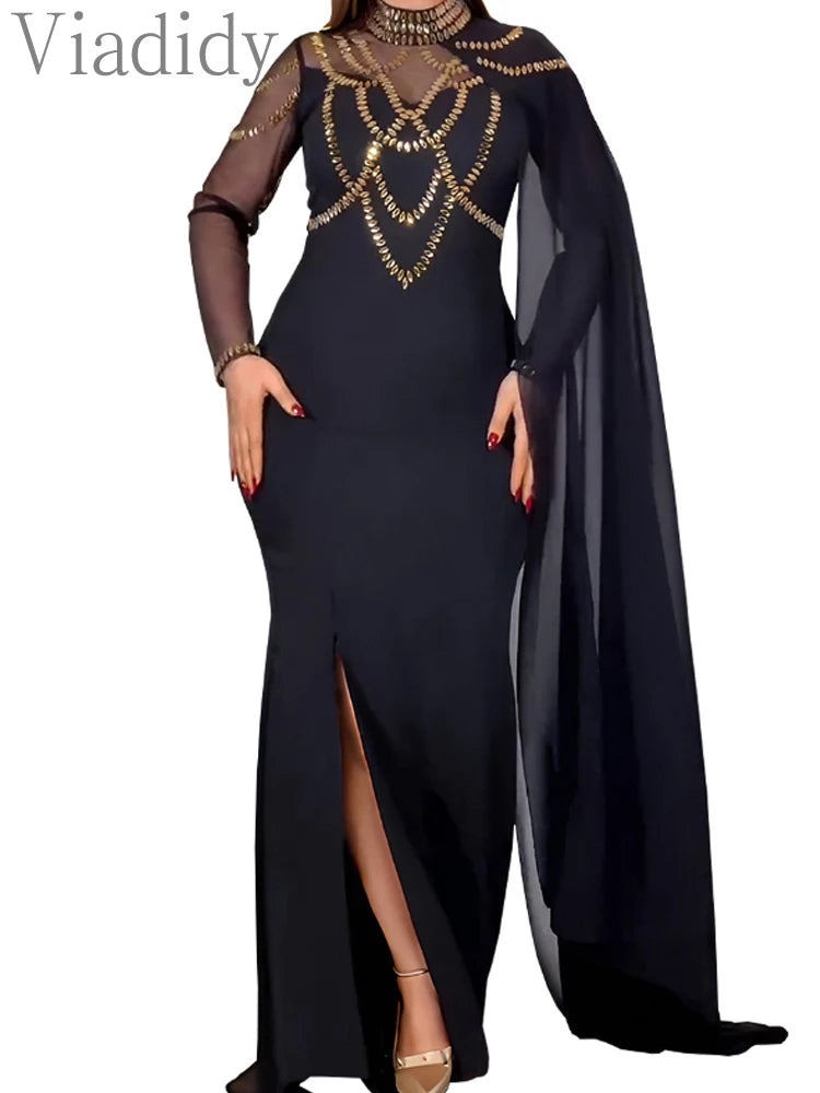 Sexy See Through Long Sleeve Solid Color Sheer Mesh Rhinestone High Slit Party Dress