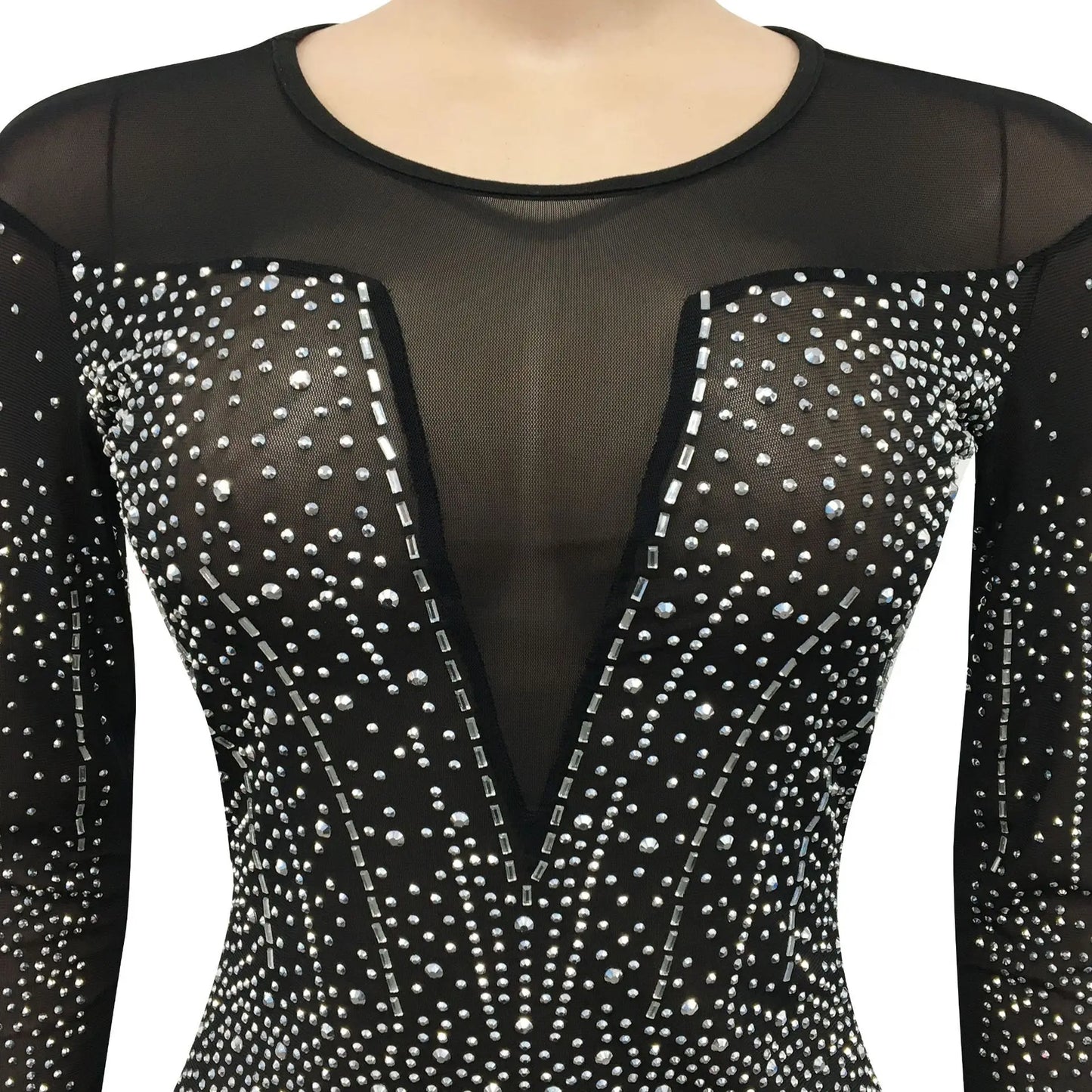 Sexy See Through Sheer Mesh Rhinestone Feather Long Sleeve Maxi Party Dress
