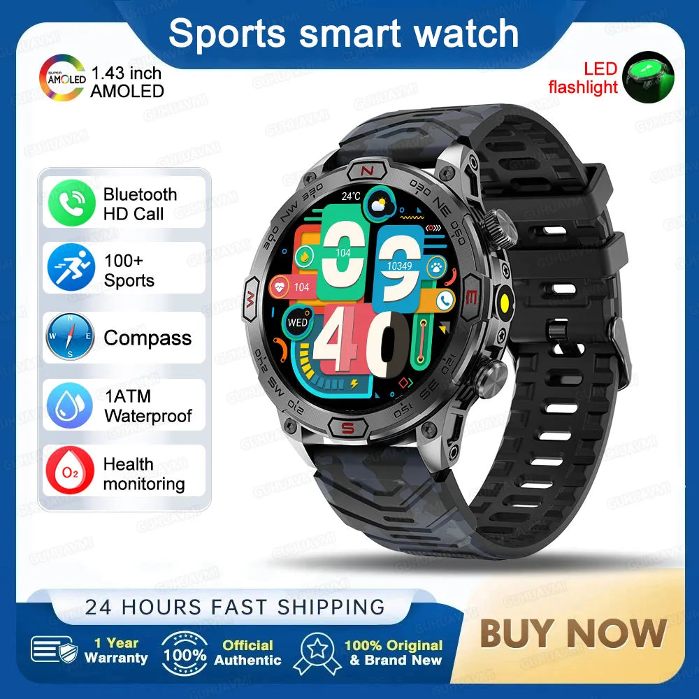 Outdoor Military Smart Watch Men Compass GPS Track Bluetooth Call IP68 Waterproof AMOLED Screen Smartwatch Compatible with Android IOS