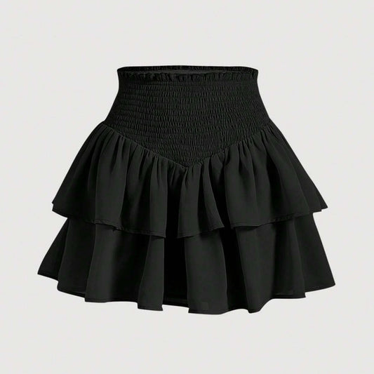 Dames minirok met hoge taille, peplum, gelaagd, casual, alle seizoenen, basic, effen, preppy, uitlopende A-lijn rokken