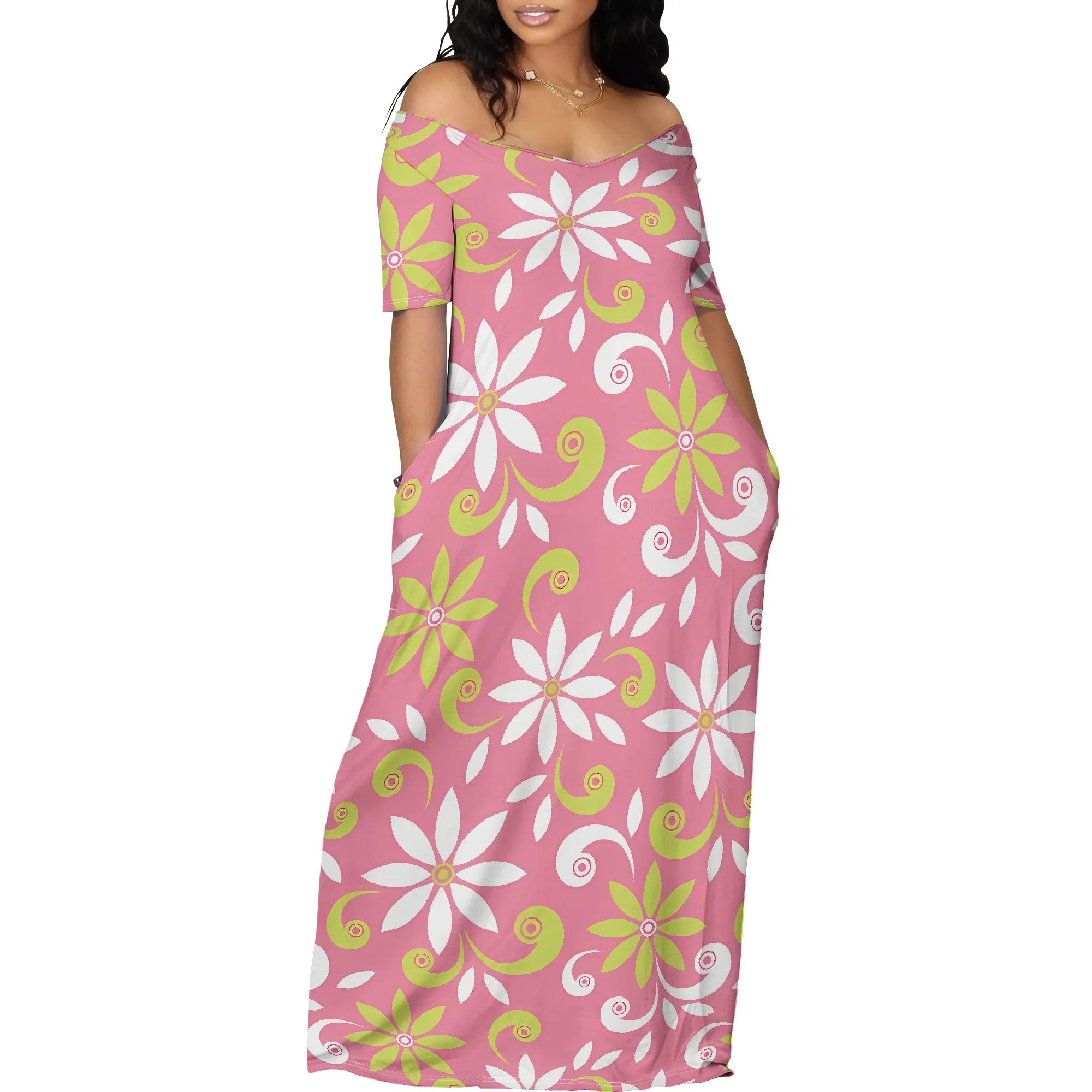 Summer Off Shoulder Maxi Dress Pink White Daisy Print Casual Beachwear