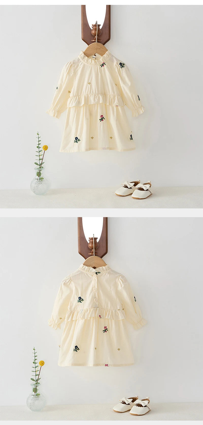 Spring Girls' Long Sleeve Dress 0-6Y Flower Embroidery Ruffled Collar Baby Children's Princess Dress Retro Style Kid's Clothing